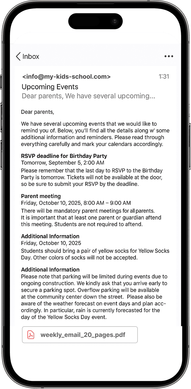 Dense school email with multiple events to remember
