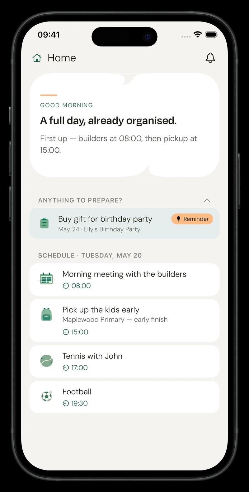 NUET Today view showing your family schedule