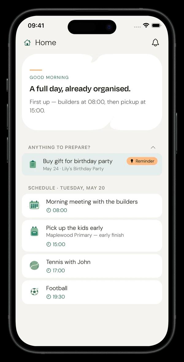 Today view with your family schedule in NUET