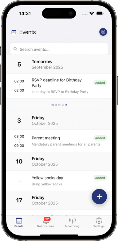 AI-extracted events automatically appear in family calendar with all details