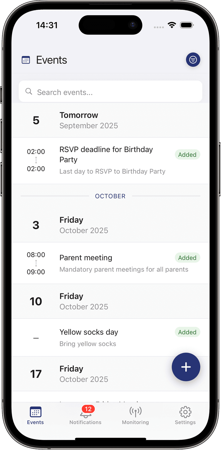 NUET app showing extracted events