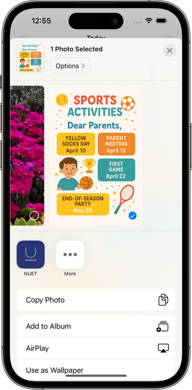 Share events from school apps, messaging apps, and photo gallery to calendar