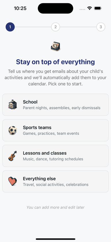 Choose which event types to automatically extract - school activities, sports, appointments