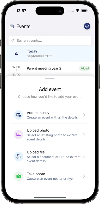Upload photos of event flyers and documents to family calendar app